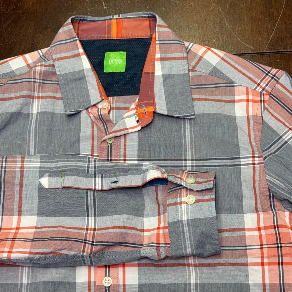 Hugo Boss Button Down Mens M Grey Orange Plaid Bissvil Green Label Shirt